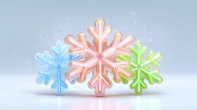 Glowing neon snowflake pastel winter decoration with sparkles, festive ice crystal ornament in soft blue, pink, green glow - Powered by Adobe