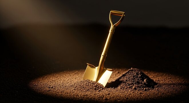 Shining golden shovel in soil for new beginnings, symbolizing groundbreaking innovation, investment opportunities, and fresh starts for exciting projects