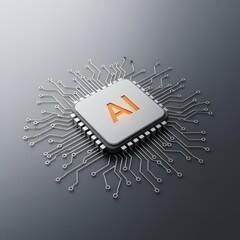 AI Chip Design: A cutting-edge microchip, emblazoned with AI, emerges from a dark, creating a stark visual symbol of the rapid advancement of artificial intelligence and its technological footprint.