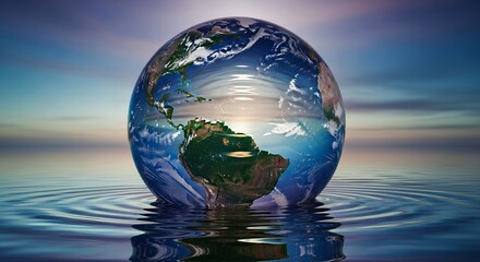 Stunning Earth globe in water with serene ripples showcasing environmental awareness and global unity, perfect for conservation campaigns and sustainability themes