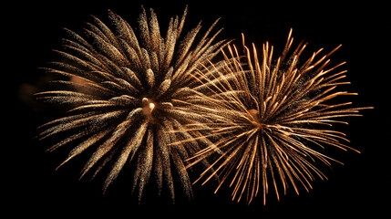 Two golden fireworks exploding in the night sky with a dark black background view shot