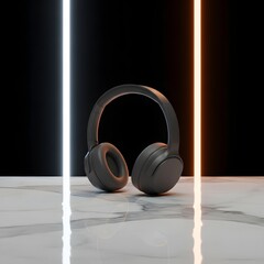 Wireless Headphones on a Reflective Surface: Sleek and modern wireless headphones sit atop a marble surface, illuminated by vibrant neon lights against a stark background.