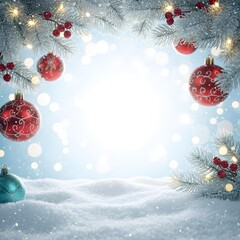 Winter Wonderland: Festive ornaments adorn snow-covered branches, creating a magical seasonal scene with shimmering lights. 