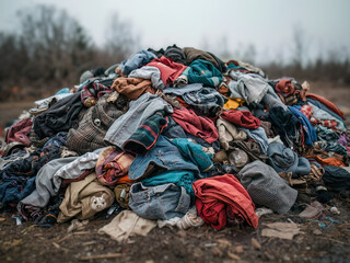 Pile of discarded clothing forming a textile waste dump,
