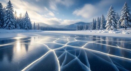 Frozen lake with cracks reflecting sky in winter wonderland landscape