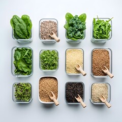 Healthy Whole Grains and Greens in Glass Containers