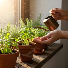 Watering Herbs Basil Rosemary Garden Care at Home