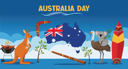 Australia Day Celebration Illustration – Map, Kangaroo, Koala, Boomerang & BBQ