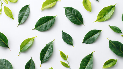 Scattered fresh green leaves on a white surface creating a natural and clean pattern