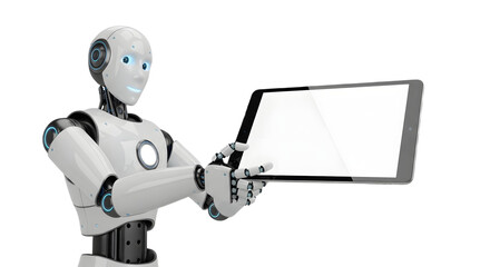 White robot holding a blank tablet device against a white background on transparent background