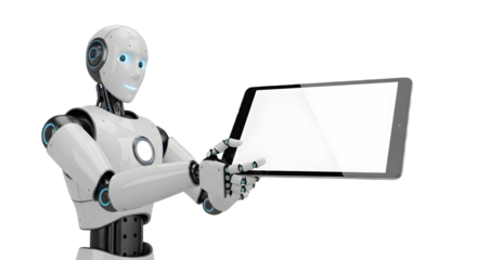 White robot holding a blank tablet device against a white background on transparent background