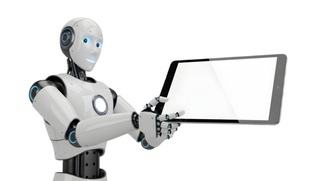 White robot holding a blank tablet device against a white background on transparent background