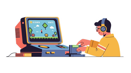 Retro gaming enthusiast playing classic pixel game with headphones, vibrant nostalgia, perfect for tech blogs and retro gaming communities, vector design