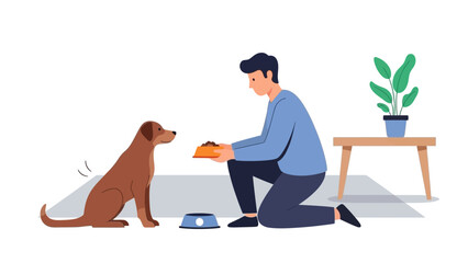 Man offering food to his loyal dog, promoting pet care and love, perfect for ads, websites, or social media posts about pets and responsible ownership