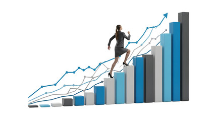 Woman running up graph bars with an upward trending line chart on transparent background