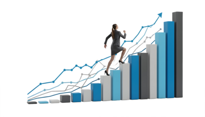 Woman running up graph bars with an upward trending line chart on transparent background