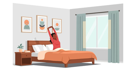 Woman stretching in bed after waking up in her calm bedroom, starting the day with a peaceful morning routine and positive energy for a productive day