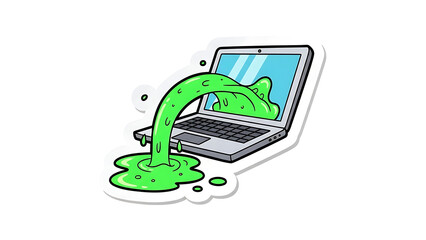 Cartoon laptop with flowing green slime, digital concept, fun, creative, and unusual art