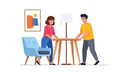Young couple moving furniture and decorating their new apartment, creating a comfortable and stylish living space together, modern minimalist design