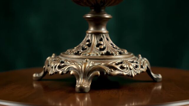 Antique Bronze Ornate Pedestal With Detailed Scrollwork And Acanthus Leaf Motifs On Dark Wood Table With Green Velvet