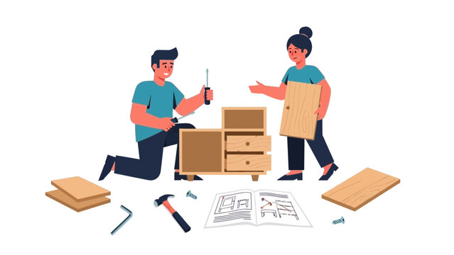 Modern couple assembling furniture together, DIY home improvement project brings joy and teamwork, flat pack furniture assembly, instruction manual open