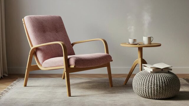 A stylish cozy living room featuring a plush pink armchair with a matching side table, creating a warm inviting space perfect for relaxing or reading.