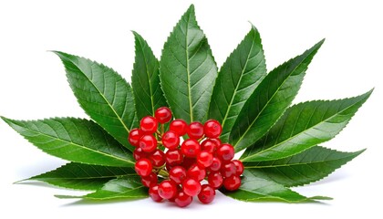 Vibrant Red Berries Surrounded by Lush Green Leaves.