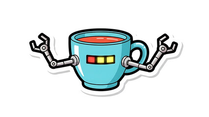 Futuristic coffee mug with robotic arms ready to serve caffeine, ideal for tech industry