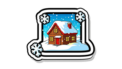 Charming cartoon winter cabin covered in snow, a cozy Christmas or holiday season scene
