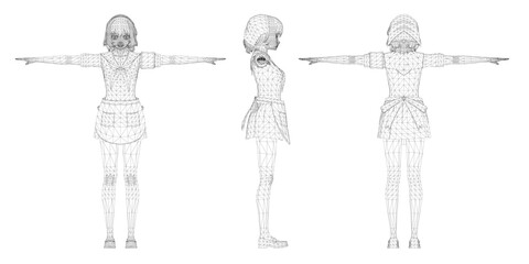 A 3D wireframe model of a girl in a dress and apron strikes a pose with arms outstretched. The detailed figure is isolated on a white background.
