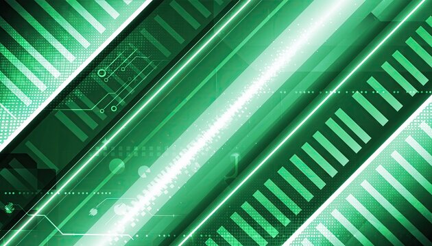 Abstract green technology background with circuit board elements and bright lines.