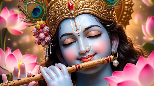 Lord Krishna playing flute among lotus flowers.