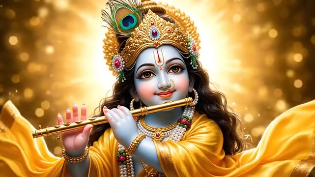 Lord Krishna playing flute in golden light.