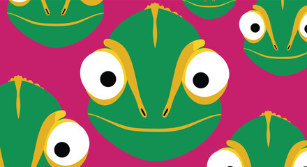 A vibrant and playful pattern of cartoon chameleon faces in green and gold with prominent eyes on a bright fuchsia background.