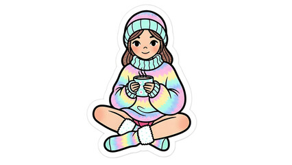 Cute girl sits cross legged in cozy winter clothes holding hot drink sticker design