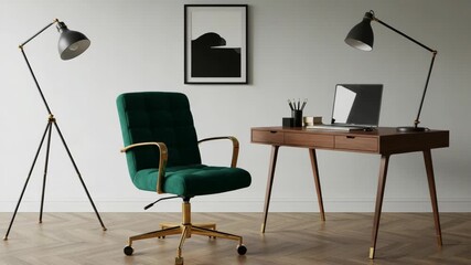 A sleek home office setup featuring a green swivel chair, wooden desk, modern lamp, and contemporary wall art for stylish workspace inspiration.