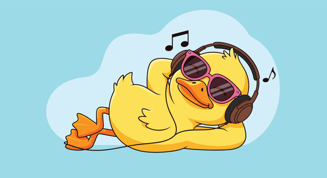 A cute, yellow cartoon duck wearing stylish pink sunglasses and headphones, happily relaxing and listening to music on a light blue background.