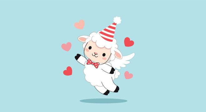 A charming cartoon lamb in a striped party hat and red bow tie, with wings, joyfully floats surrounded by pink and red hearts on a light blue background. - Powered by Adobe