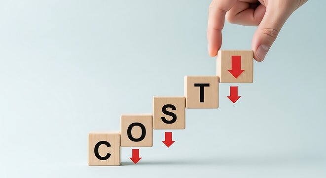 Reducing costs concept with wooden blocks and downward arrows representing financial savings and economic downturns