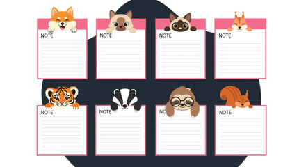 Cute cartoon animals peeking over blank note papers, perfect for reminders, to-do lists, or daily planning with a fun, whimsical theme.