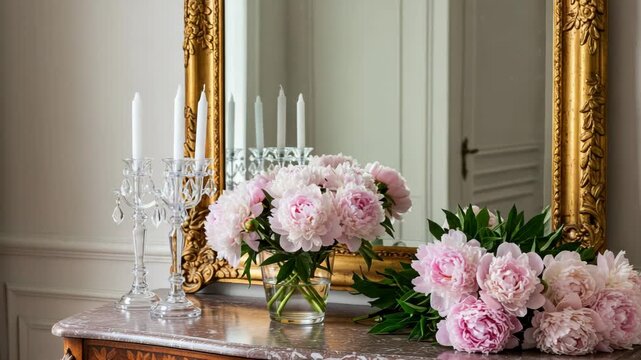 A sophisticated floral arrangement featuring pink peonies in a vintage glass vase, set against a luxurious backdrop of an ornate gilded mirror and elegant decor, ideal for interior styling and home