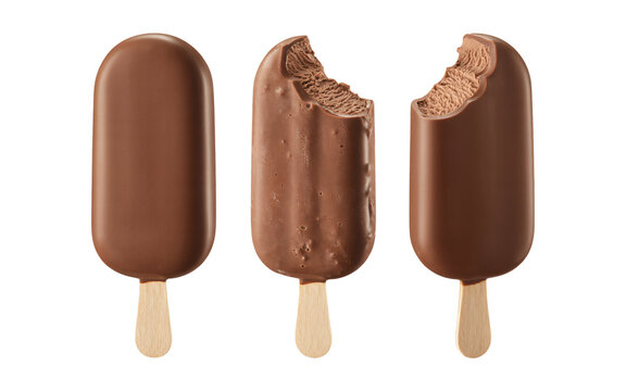 Three chocolate-covered ice cream bars on wooden sticks are displayed side by side.