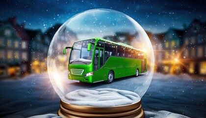 Green bus inside snow globe on winter street scene at night.