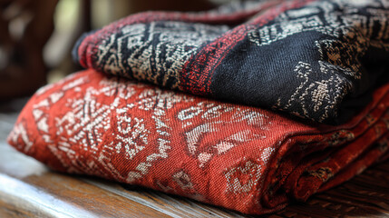 Close-up of traditional Assamese handwoven fabrics showcasing detailed patterns used during Bihu Festival cultural attire.