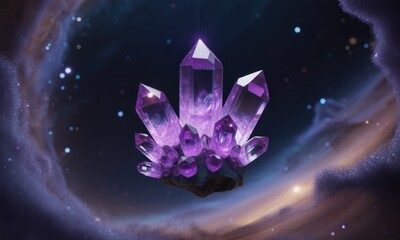 A cluster of brilliant purple crystals floats in a cosmic nebula backdrop, detailed and glowing