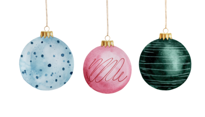 Shiny red and gold Christmas tree balls and blue glass ornaments isolated on a white background for a holiday celebration