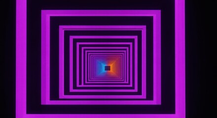 A dark, abstract tunnel of concentric squares in vibrant purple, fading to blue and orange