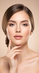 Fototapeta premium Elegant Beauty Portrait Womans Face with Soft Lighting and Hand Gesture.