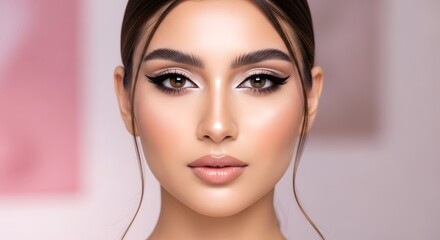 Fototapeta premium Elegant Beauty Symmetrical Portrait of a Woman with Dramatic Winged Eyeliner Glossy Nude Lips and Flawless Skin.
