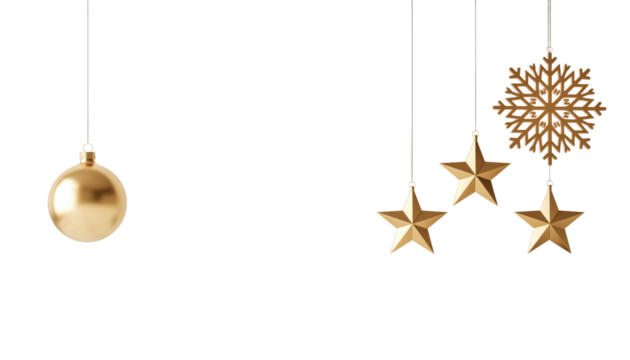 Golden Christmas star and shiny bauble ornaments decorating a holiday tree for the winter season celebration